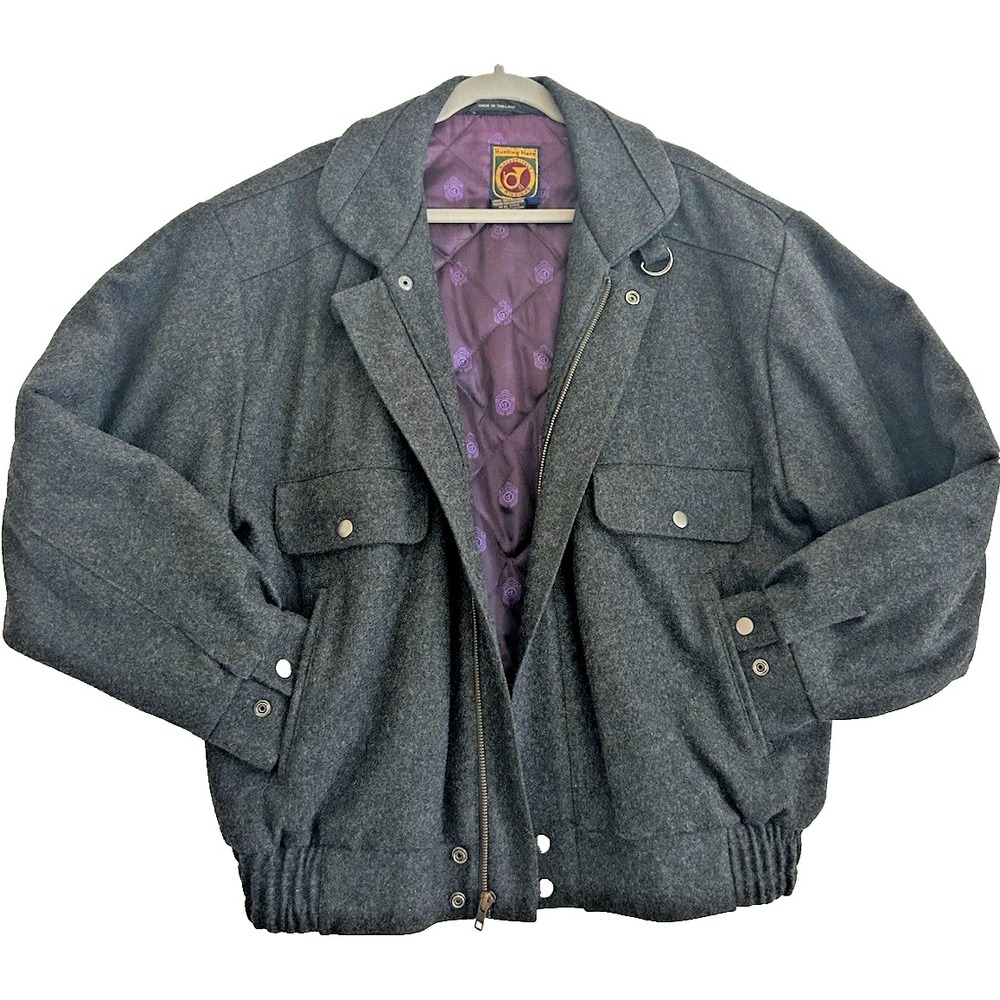 Hunting Horn Mens Wool Blend Bomber Jacket Charcoal Gray Large Vintage  Classics